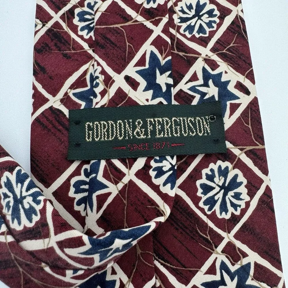 Vintage Gordon Ferguson Burgundy Silk Necktie Navy Blue Abstract Geometric